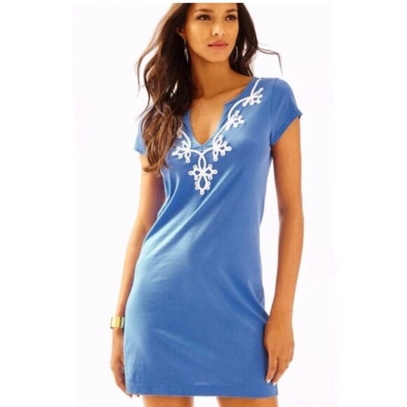 Lilly Pulitzer Brewster Short Sleeve Dress Size L Blue Pima Cotton - Picture 11 of 11